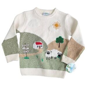 Daydream Uniquely Irish Kids Sheep Landscape Knit Sweater White Green 3-4 Years